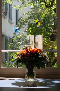 Blumenstrauss auf Fenstersims bei Sonnenschein